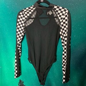 Mock neck mesh bodysuit with checkered sleeves